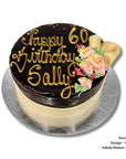 Chocolate mud birthday cake with 'Happy Birthday Sally' text and floral decorations on a white background