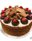 An 8-inch black forest cake with chocolate frosting, topped with chocolate shavings, fresh cherries, and chocolate buttercream rosettes, presented on a white cake board against a white background.