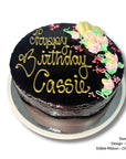 Chocolate mud birthday cake with 'Happy Birthday Cassie' text on a white background