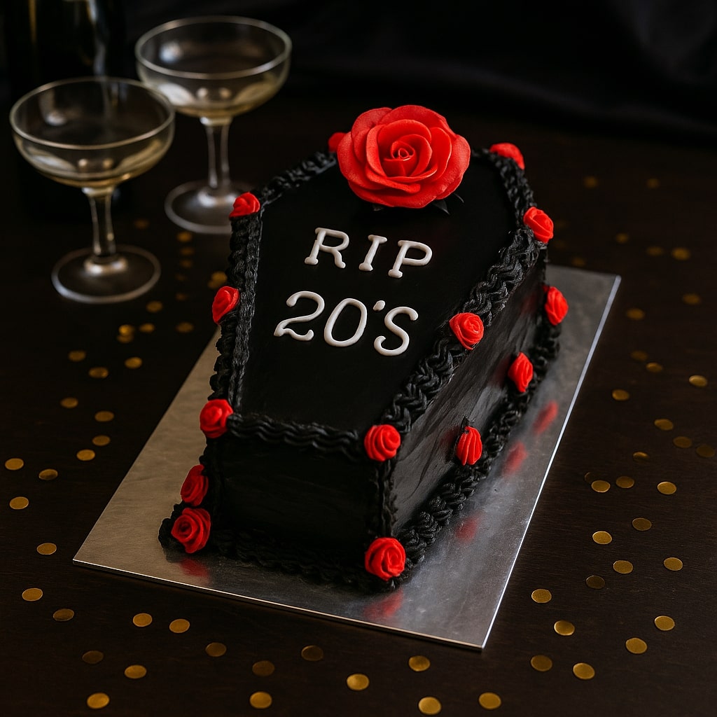 Cake designed like a tombstone with 'RIP 20's' text and red roses on a black background