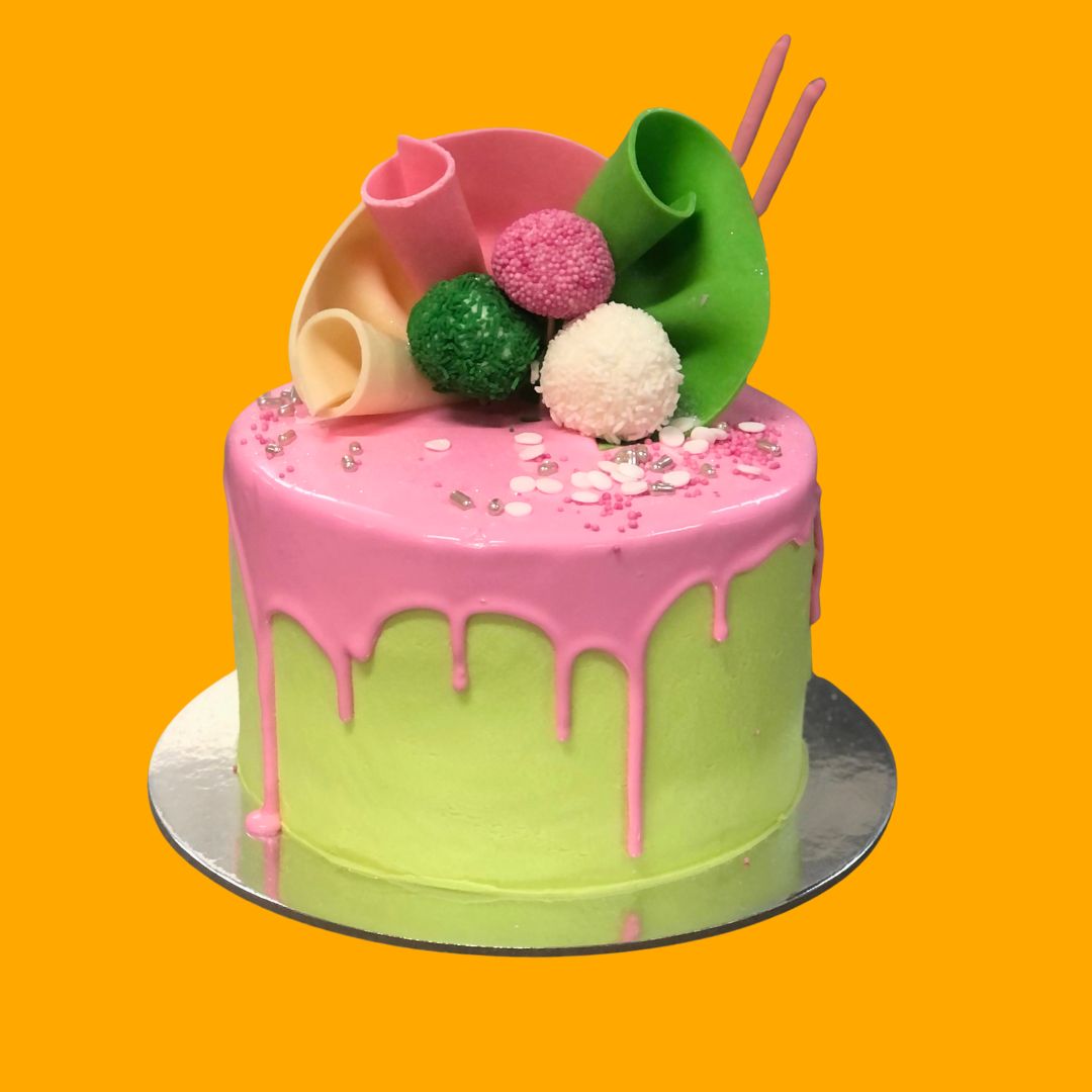 Drip Cake 6 Inch Green Icing with Pink Drip Gold Coast Cakes Made to Order