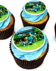 Cupcakes with blue frosting and Minecraft-themed toppers on a white background