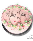 Decorative gluten free birthday cake with 'Alice Jean' text and floral design on a white background