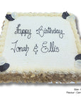 Rectangular carrot cake with white frosting and black text on a white background