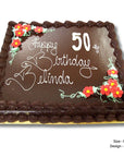 Chocolate birthday cake with 'Happy Birthday Belinda' and number 50 on a white background