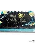 Large birthday cake with 'Happy Birthday Dad' and number 80 on a black background