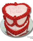 Double height 6 inch love heart cake with red vintage piping and birthday message on top