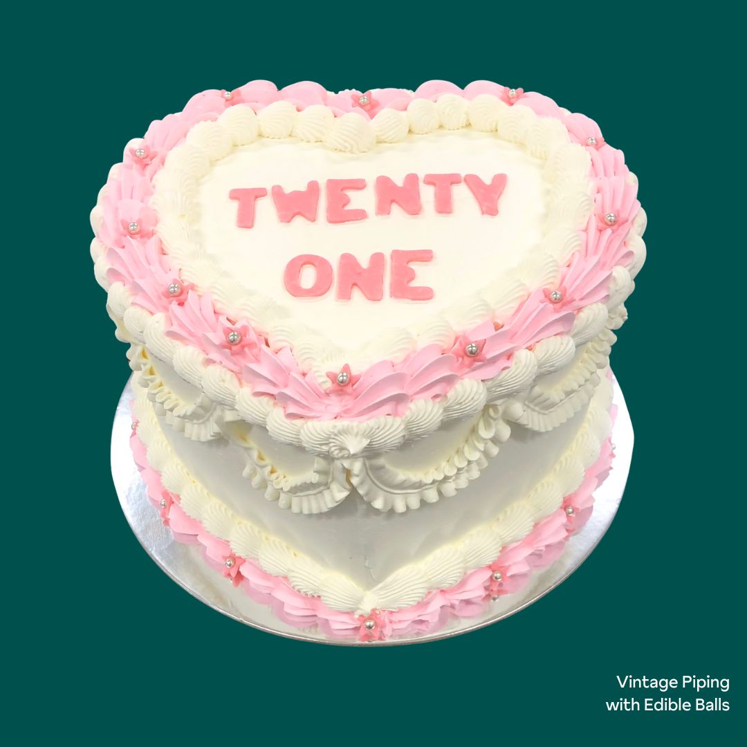 Retro birthday cake in love heart shape Gold Coast Bakery Birthday cakes