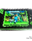 Minecraft-themed birthday cake with a character and 'Happy 6th Birthday Hendrix!' text on a white background.