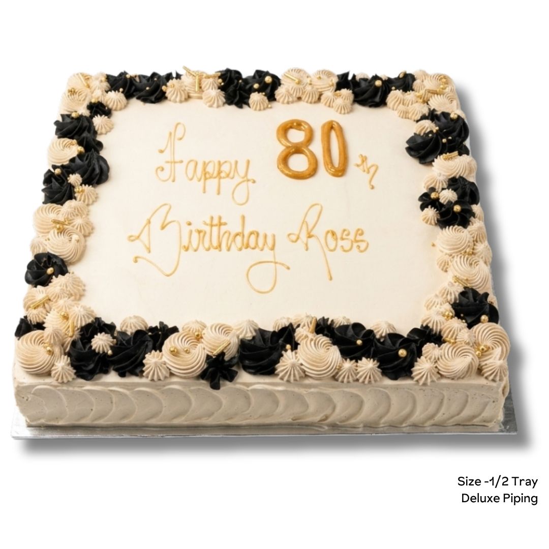 Large slab cake with deluxe piping in beige and black with gold writing