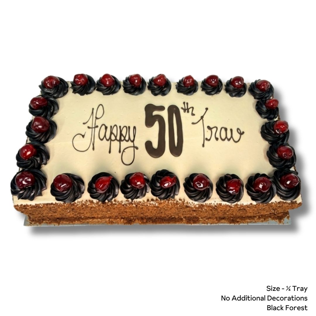 Large Black Forest Cake with chocolate ganache and cherries on top. Goldies Bake Shop Birthday Cakes. 