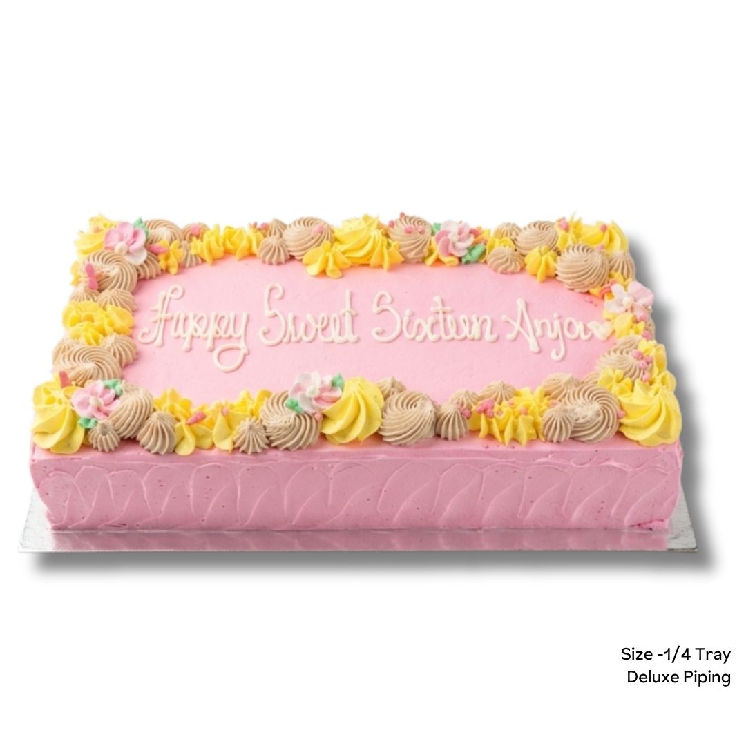 A rectangular pink birthday cake with piped frosting decorations around the border and the message 'Happy Sweet 14th Birthday' written on top, shown on a white background with a small size note in the lower right corner.