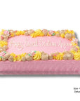 A rectangular pink birthday cake with piped frosting decorations around the border and the message 'Happy Sweet 14th Birthday' written on top, shown on a white background with a small size note in the lower right corner.