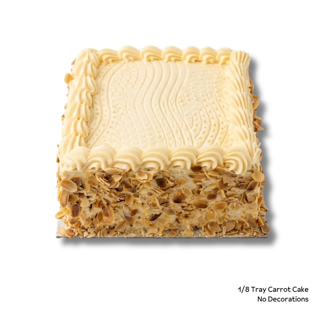 A square carrot cake with cream cheese frosting and almonds on the side of the cake, shown on a white background with small text in the bottom right reading '1/8 Tray Carrot Cake No Decorations'.