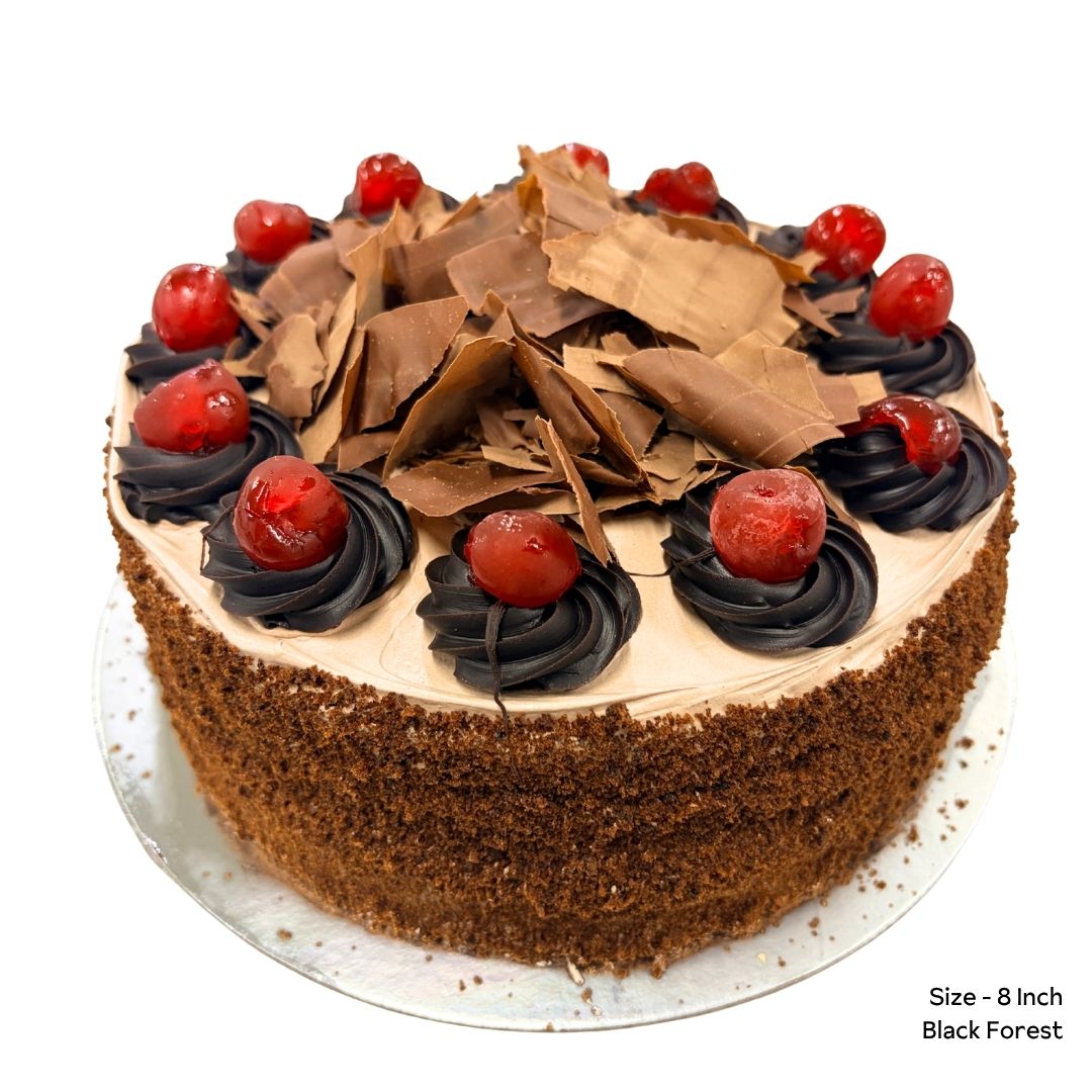 An 8-inch black forest cake with chocolate frosting, topped with chocolate shavings, fresh cherries, and chocolate buttercream rosettes, presented on a white cake board against a white background.
