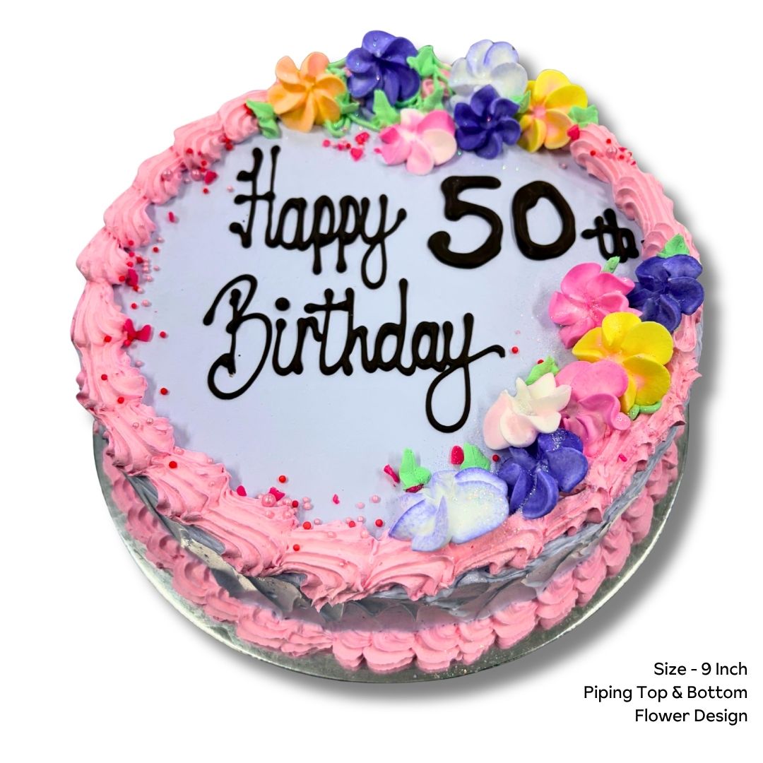 Decorative cake with pink frosting, colorful flowers, and 'Happy 50th Birthday' text on a white background.