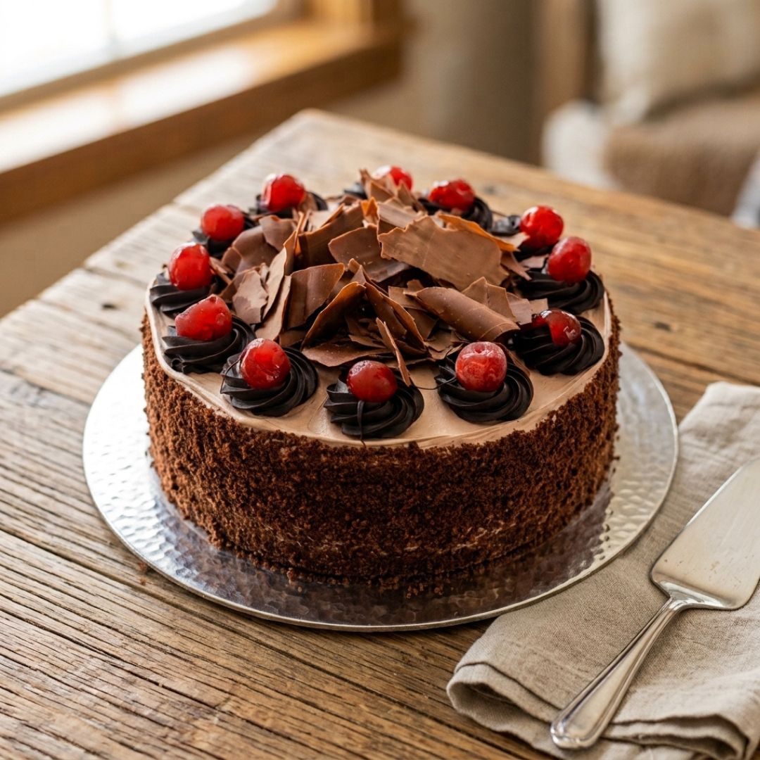 Black Forest cake with chocolate shards and cherries on wooden table