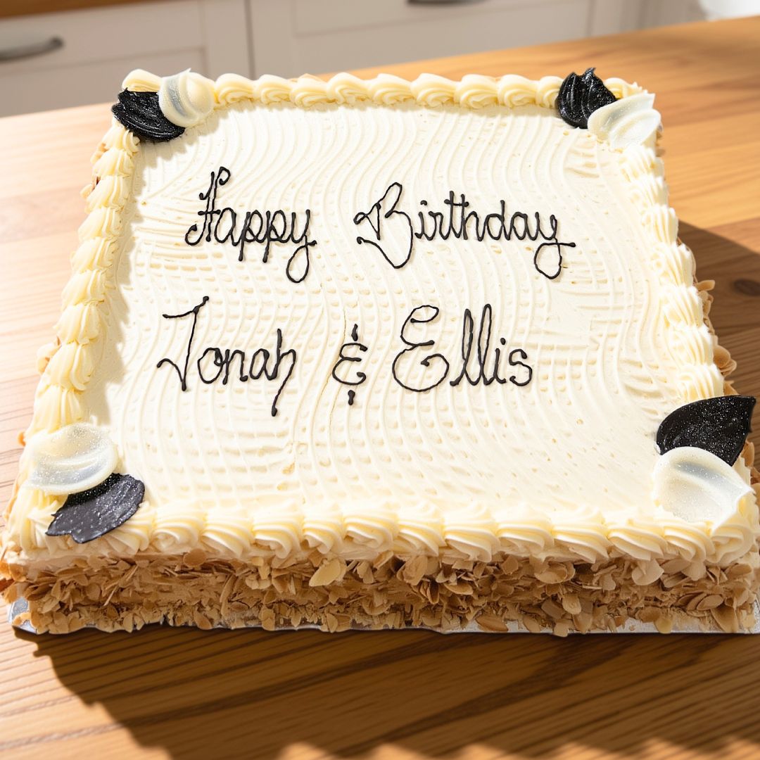 A square birthday cake with white piped frosting, almond shavings around the base, and black decorative corner accents. The top is written with black icing reading 'Happy Birthday Jonah &amp; Ellis' on a wooden table.