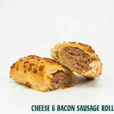 A cheese and bacon sausage roll on a white plate, with the text 'CHEESE & BACON SAUSAGE ROLL' underneath on a white background.