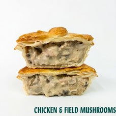 Two halves of a chicken and field mushrooms pie stacked vertically, showing a creamy mushroom and chicken filling with golden-brown flaky crust, on a white background with a teal text overlay at the bottom.
