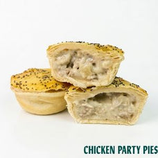 Three chicken party pies on a white background, with two pies cut open to show the savory filling. The text 'CHICKEN PARTY PIES' is written in teal at the bottom right.