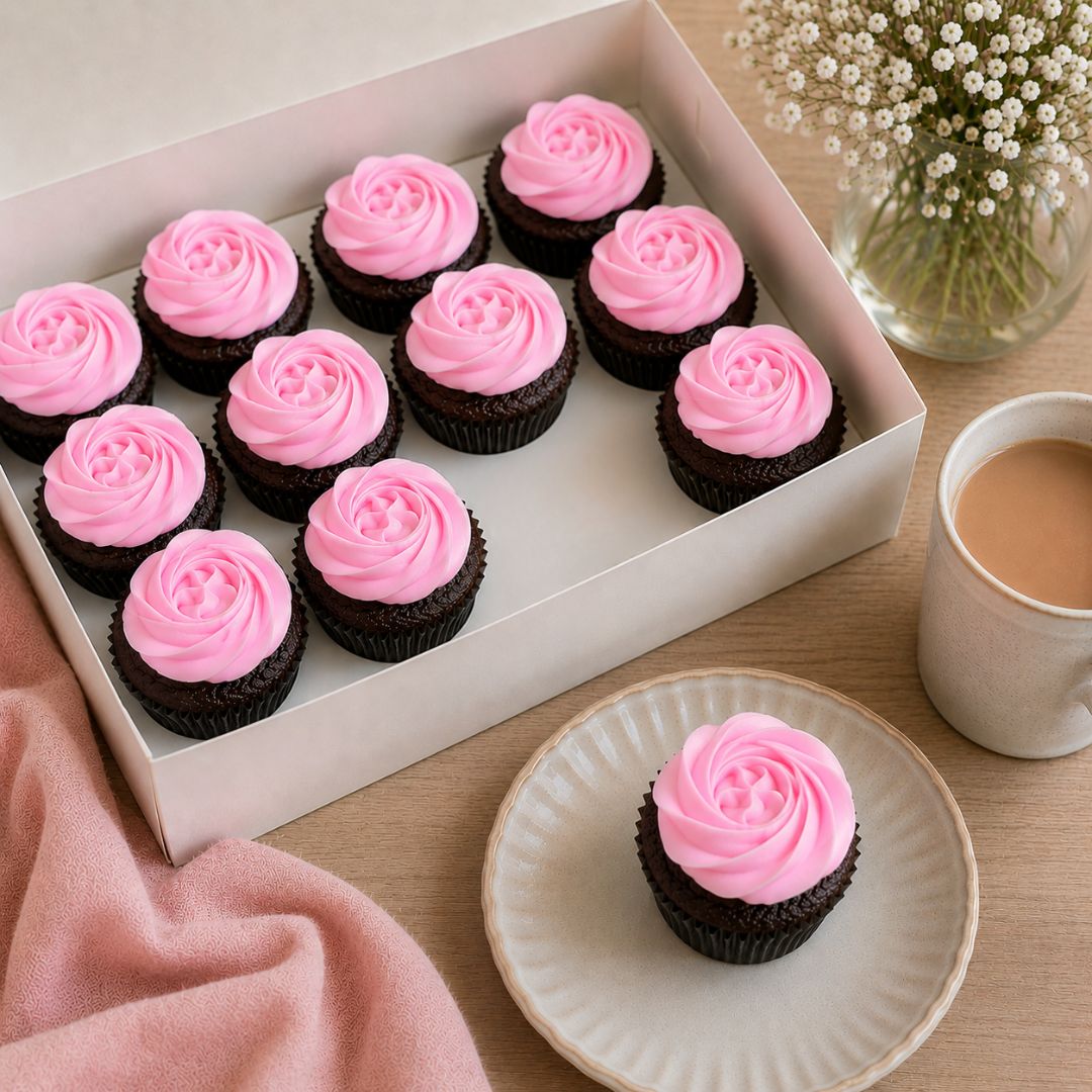 Chocolate Mud Cupcakes with Pink Icing 12 Pack