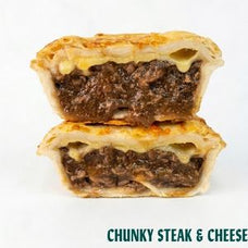Two halves of a stacked steak and cheese pie on a white background, with the text 'CHUNKY STEAK & CHEESE' at the bottom.