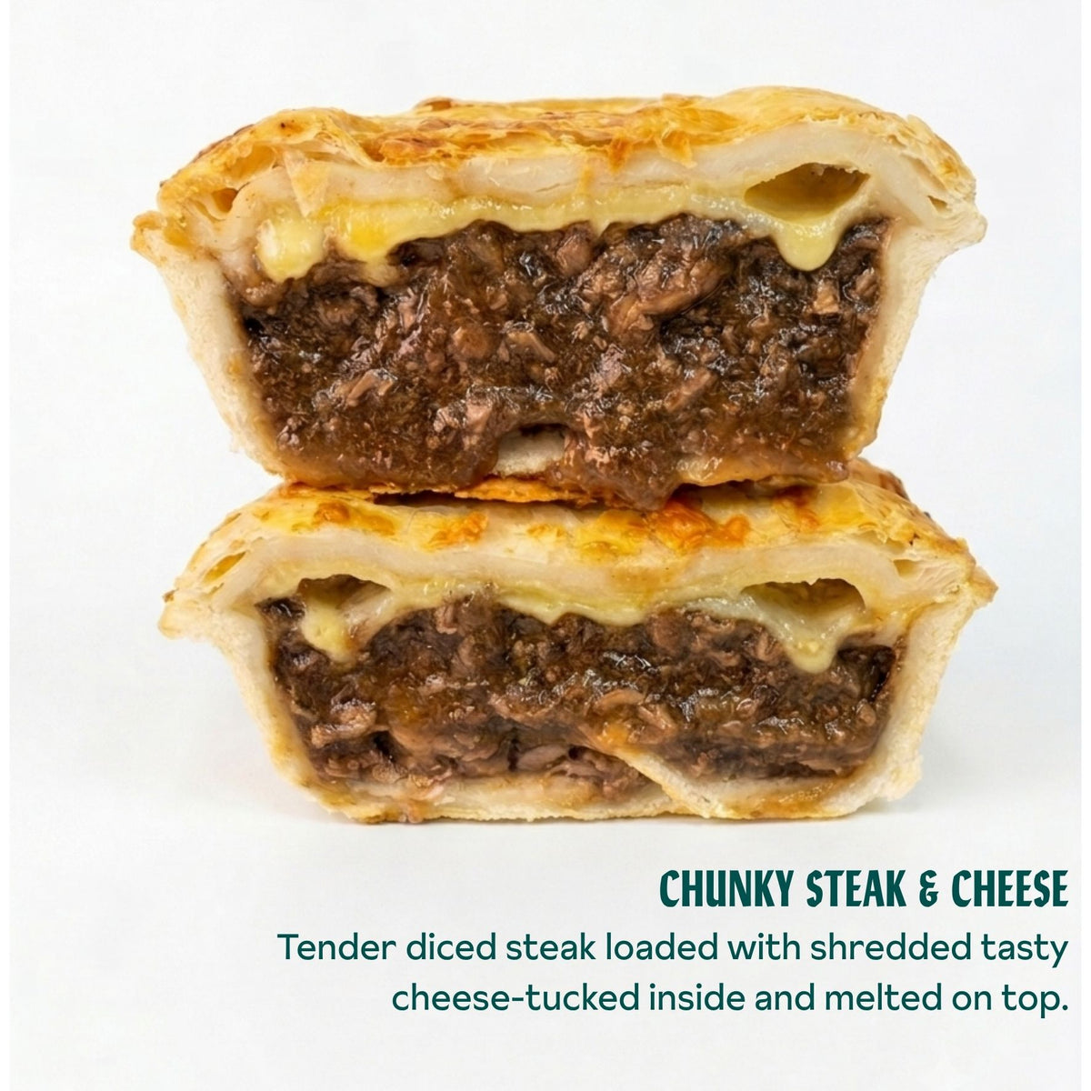 Two halves of a stuffed pastry pie stacked vertically, showing a chunky beef steak filling with melted cheese on top, on a white background with descriptive text below.