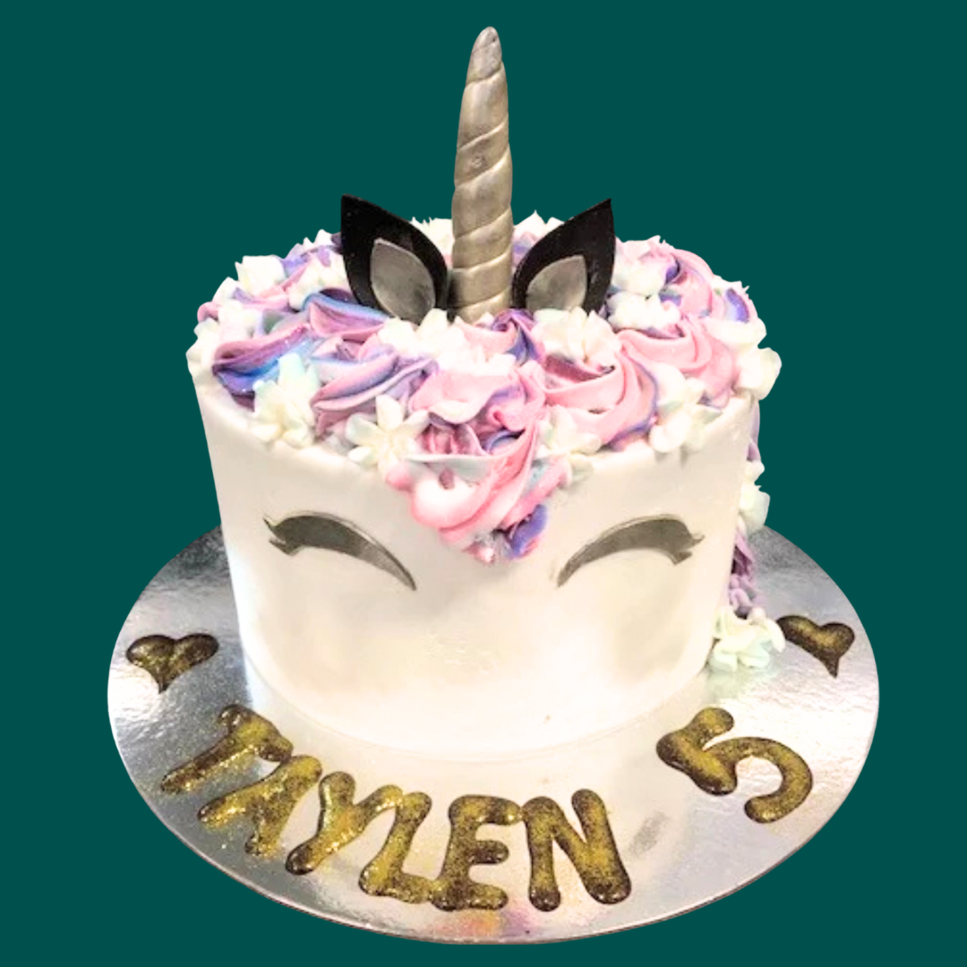 Unicorn-themed birthday cake with colorful frosting and decorative elements on a teal background