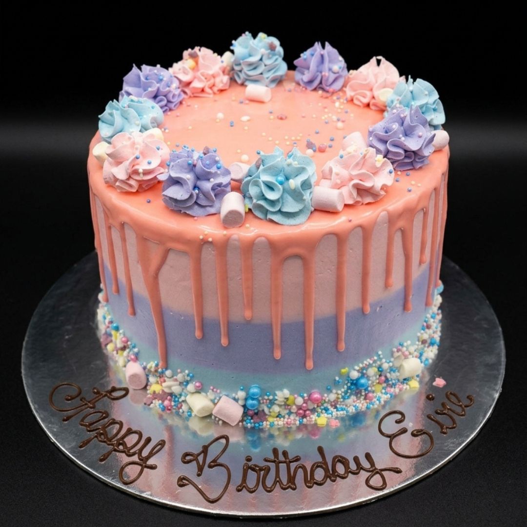 A round birthday cake with a pastel gradient from peach to lavender, decorated with piped frosting rosettes, sprinkles, and a drip design. It sits on a silver cake board with 'Happy Birthday Eve' written in chocolate script against a black background.