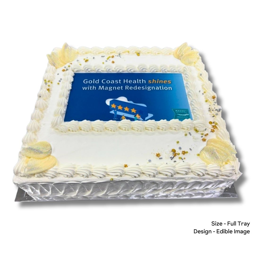 Decorated cake with a edible corporate logo on a white background