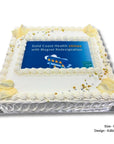 Decorated cake with a edible corporate logo on a white background
