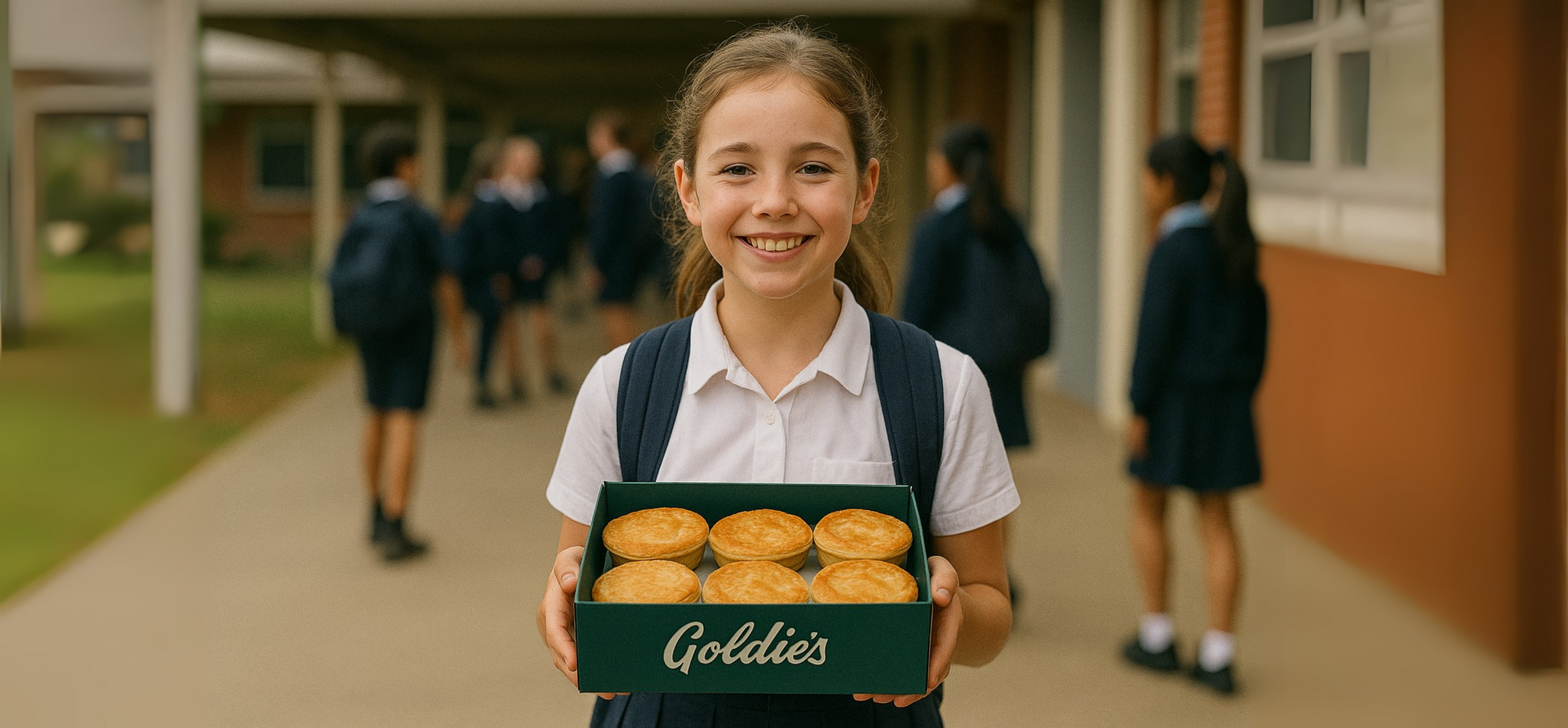 Girl in school uniform holding a box of Goldies pies with classmates in the background