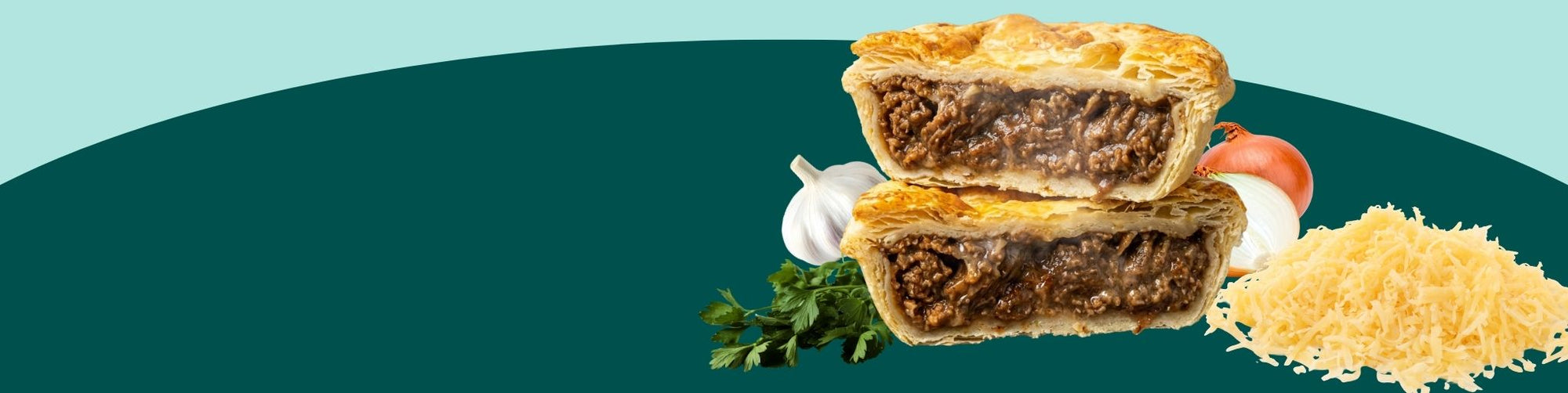Two slices of meat pie on a green plate with a light blue background