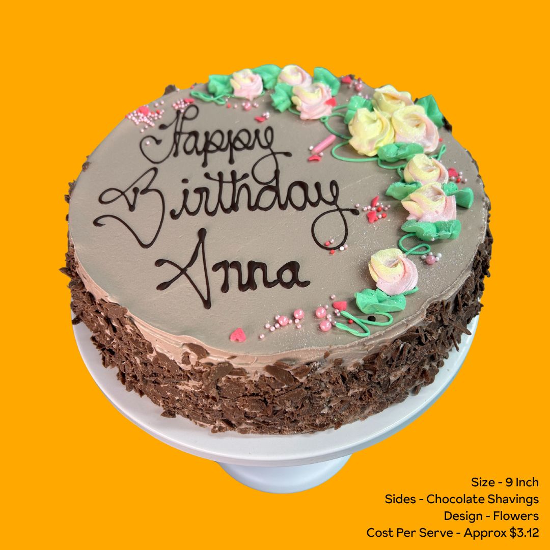 Sponge Cake 9 Inch Chocolate Shaving Sides Flower Design