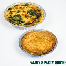 Two round aluminum foil pans containing baked quiches, shown on a plain white background with the text 'FAMILY & PARTY QUICHE' at the bottom.