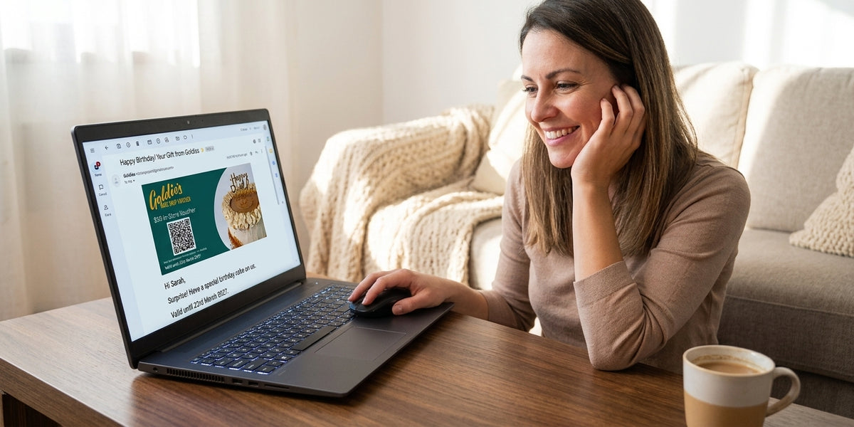 A women sitting at a computer ordering a Goldies Bake Shop Gift Voucher online. 