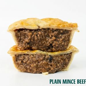Two stacked halves of a baked mince pie with a golden flaky crust and a brown minced beef filling, shown on a white background with the text 'PLAIN MINCE BEEF' in the bottom right corner.