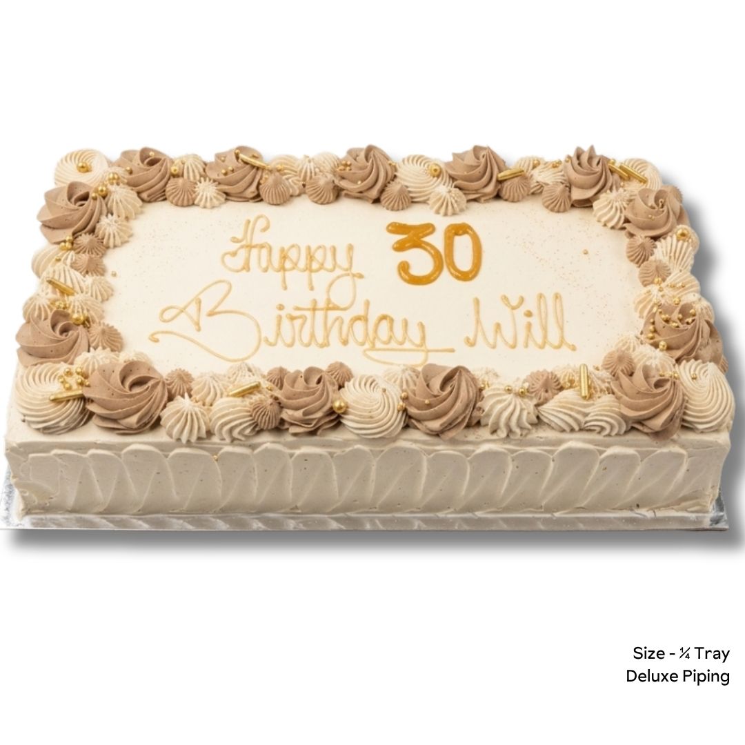 1/4 Tray Birthday Slab cake with happy birthday message and deluxe chocolate and cream piping