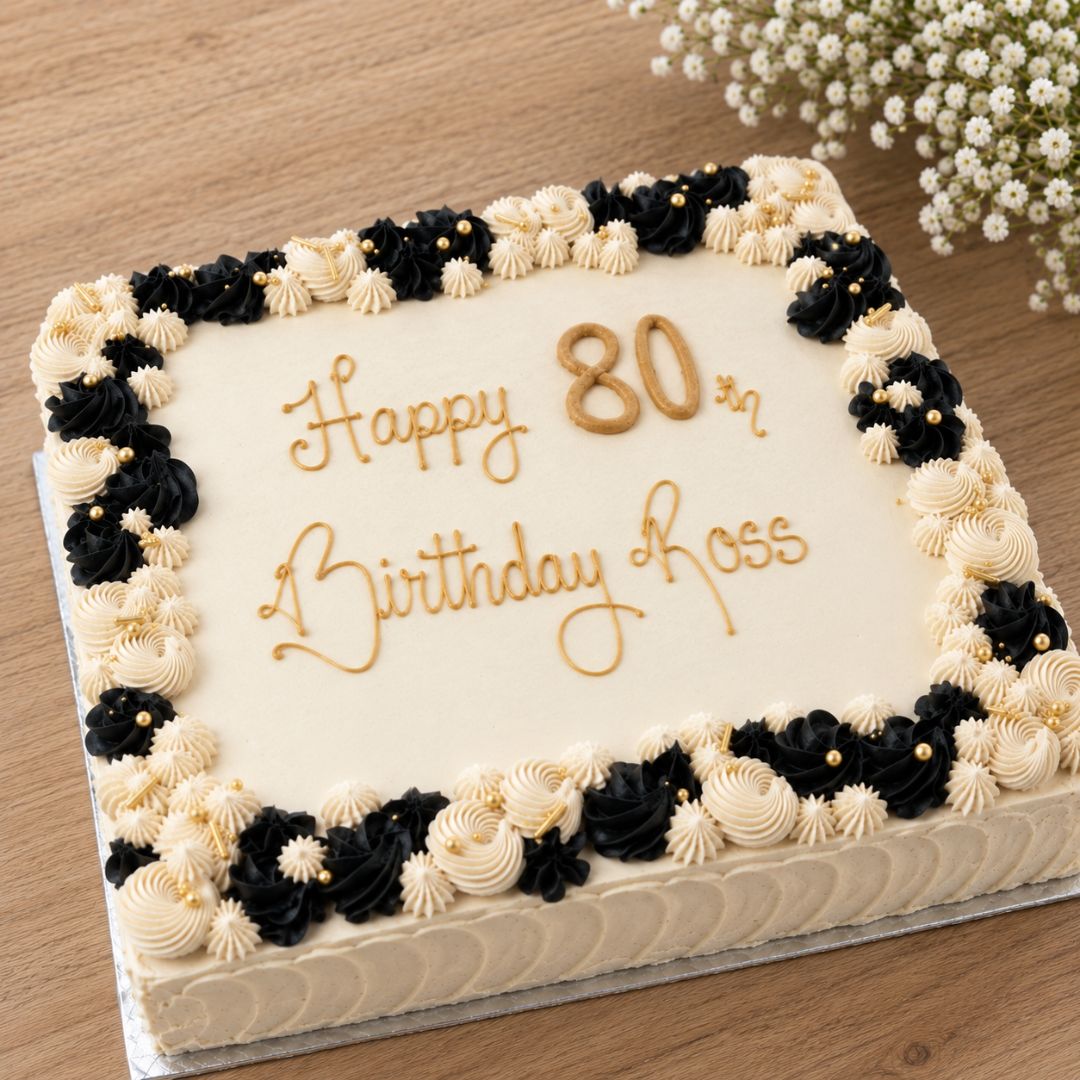 A large square birthday cake with cream-colored frosting, decorated with black and cream rosette borders and gold lettering that reads 'Happy 80th Birthday Ross', shown on a wooden surface with small white flowers in the corner.