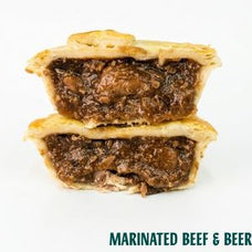 Two stacked halves of a baked pie or pastry filled with a dark marinated beef and beer mixture, shown on a white background with the text 'MARINATED BEEF & BEER' at the bottom.