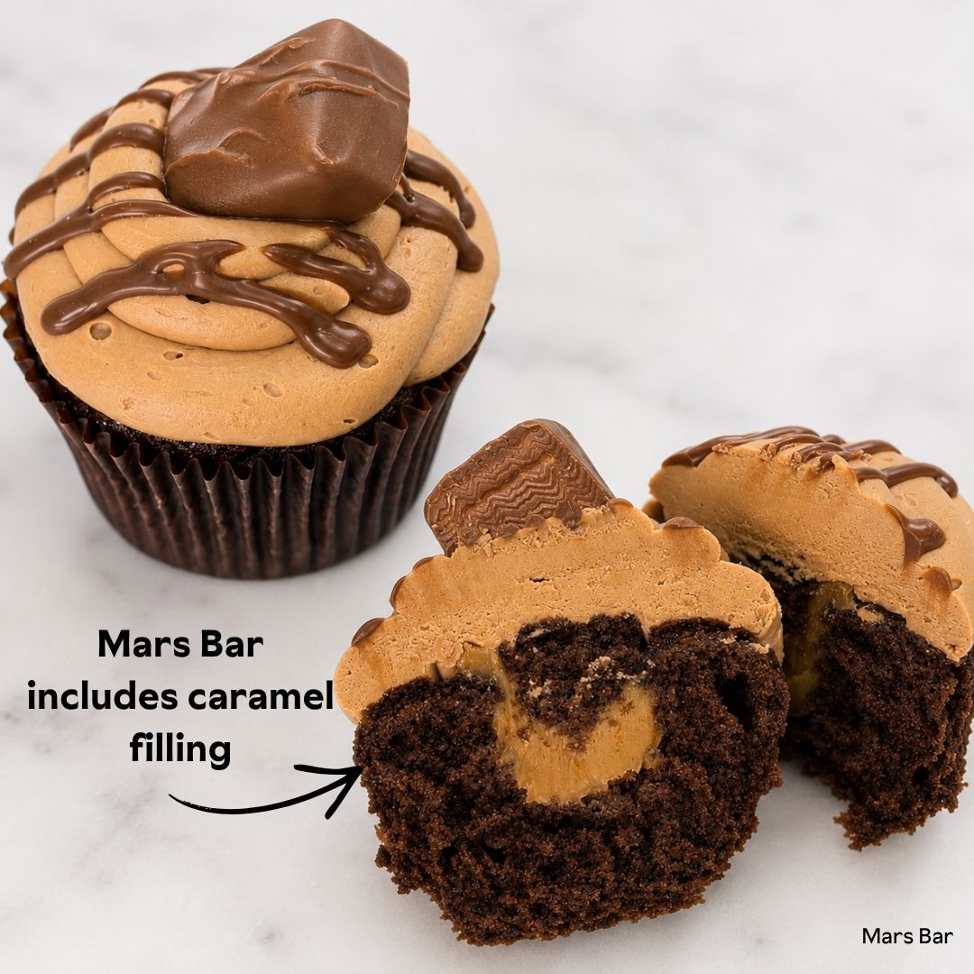 Mars bar cupcakes with caramel filling and chocolate mud