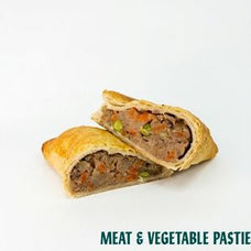 Two sliced meat and vegetable pastries with a golden-brown pastry crust and a savory filling containing carrots and green beans, shown on a white background with the text 'MEAT & VEGETABLE PASTRIES' at the bottom.