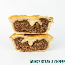 Two halves of a mince steak and cheese pie stacked vertically, showing the textured beef filling and melted cheese, on a white background with 'MINCE STEAK & CHEESE' text at the bottom.