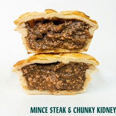 Two halves of a mince steak and chunky kidney pie stacked vertically, showing the textured meat filling and flaky pastry crust, on a white background with teal text at the bottom reading 'MINCE STEAK & CHUNKY KIDNEY'.