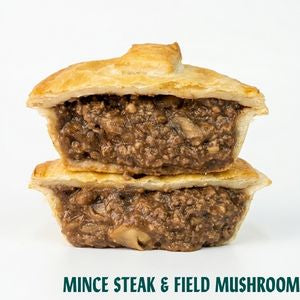 Two stacked baked mince steak and field mushroom pies on a white background, with the text 'MINCE STEAK & FIELD MUSHROOM' below.