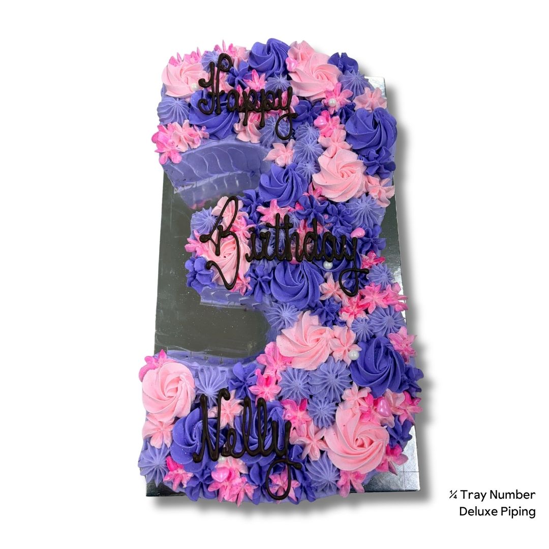 Decorative cake number '3' with pink and purple flowers and 'Happy Birthday' text on a white background.