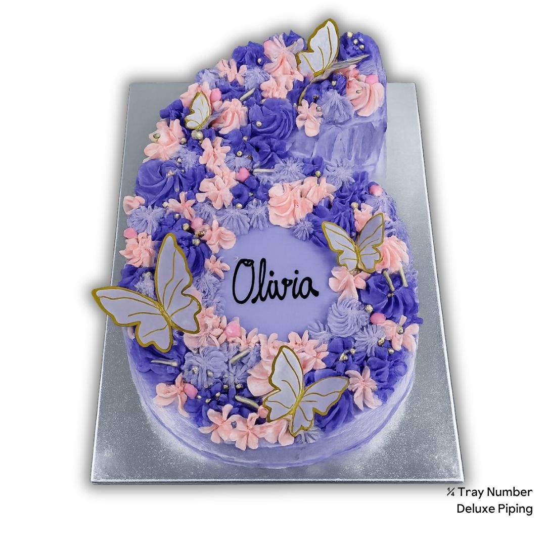 Number 6 cake with purple and pink flowers and butterflies, personalised with 'Olivia'.