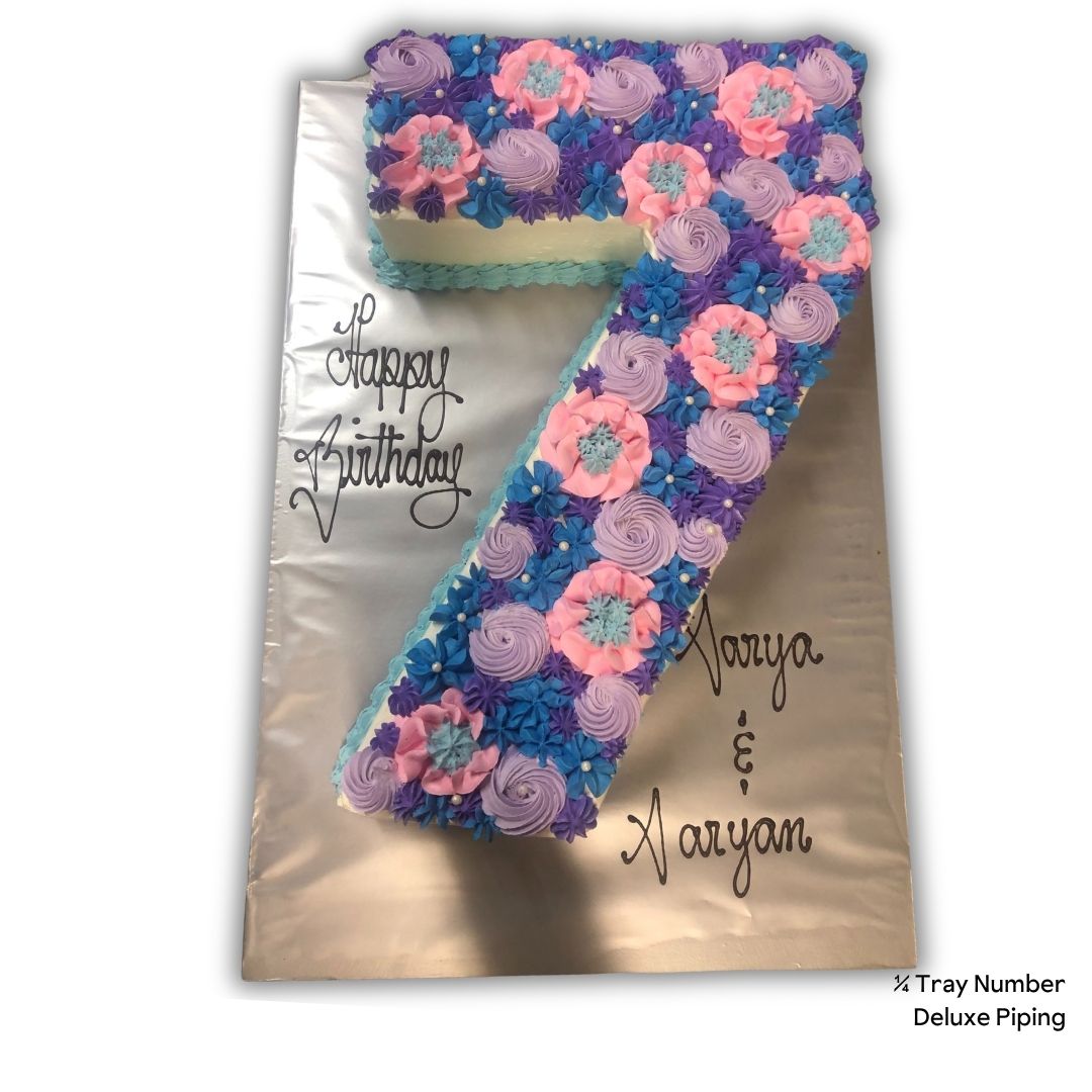 Floral cake shaped like the number 7 with 'Happy Birthday' and names on a white background