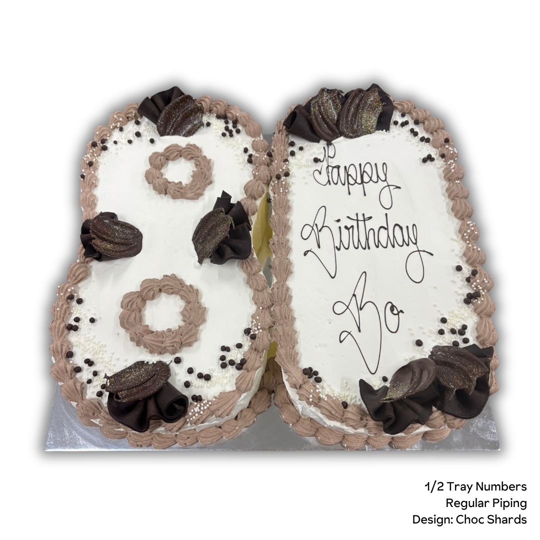 Number 80 shaped birthday cake with white icing, brown decorations, and 'Happy Birthday' text on a white background.